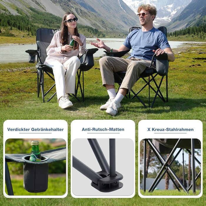 Розкладний стілець для кемпінгу RELAX FIELD 200KG з підстаканником та сумкою-холодильником, рибальський стілець, сірий (2 шт)