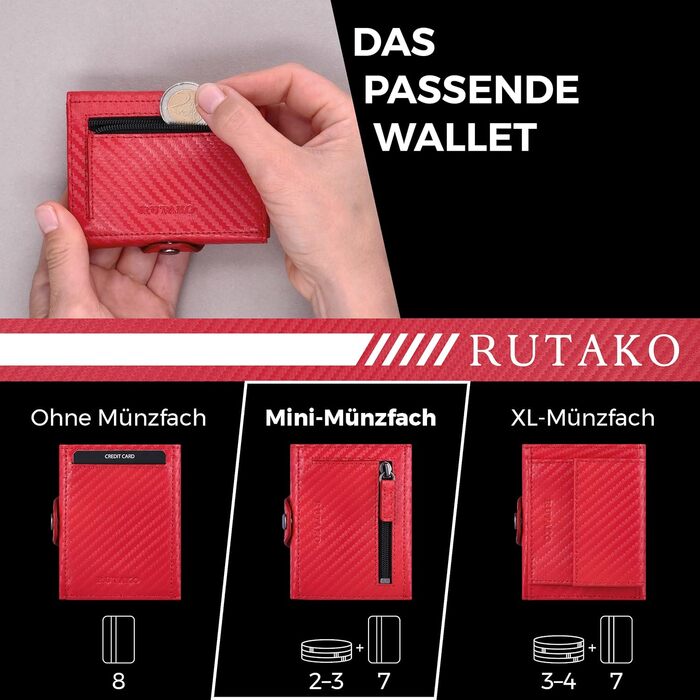 Слімий гаманець RUTAKO з RFID-захистом для чоловіків та жінок, компактний картхолдер з відділенням для монет, Carbon Red