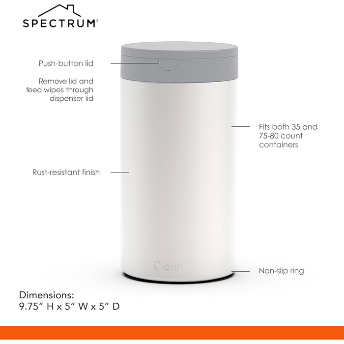 Spectrum Diversified Decorative Wipes Dispenser - Refillable Wet Wipe Holder for Household Cleaning, Stylish Cleaning Cloth Holder, Stainless Steel Plastic, White, 1 Count (Pack of 1)