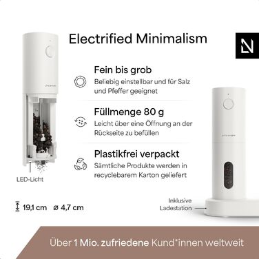 Електричні млини для солі та перцю LARS NYSØM з керамічним жорном | USB, автоматичний дозатор, набір 2 шт. (Pure White)