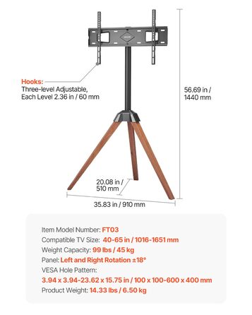 Підставка для телевізора VEVOR з регулюванням на 18° для плоских та вигнутих телевізорів (1016-1651 мм), до 45 кг, з дерев'яними ніжками