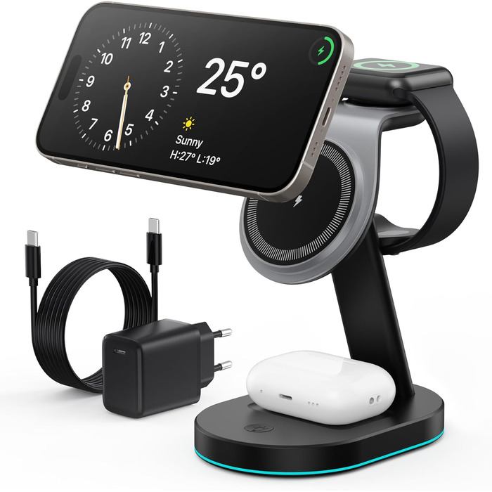 Бездротова зарядка 3-в-1 з MagSafe, USB-C та нічником для iPhone 16/15/14/13/12, Apple Watch та AirPods, A-Schwarz