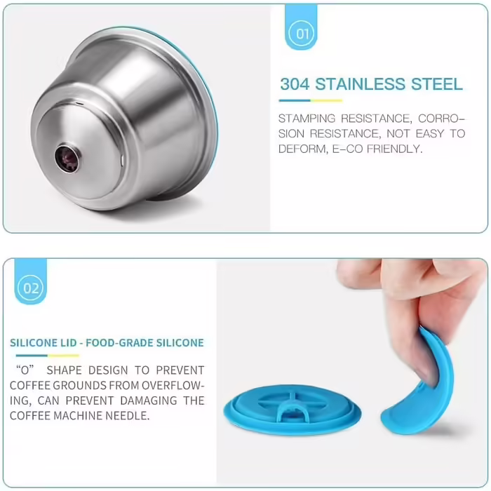 Reusable Dolce Gusto capsules for i Cafilas, refillable stainless steel capsules with 1 plastic spoon + 1 cleaning brush, 2 pack