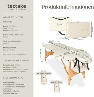 Масажний стіл Tectake® складний з 2 зонами, портативний з 5 см підкладкою, регульована висота, мобільний, з дерев'яними ніжками та аксесуарами (з масажними роликами, бежевий)