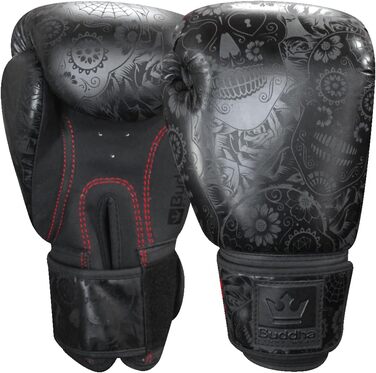 Buddha Fight Wear Luzbel Boxing Gloves - Muay Thai & Kickboxing - Premium PU Leather - Odor Resistant - Reinforced Stitching - 16oz - Black & Matte Black
