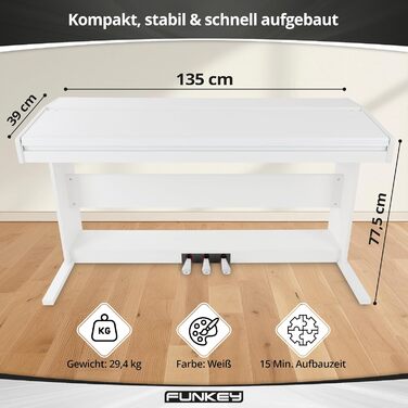 FunKey DP-88 II – цифрове піаніно з 88 клавішами, поліфонія 128, 360 звуків, 160 стилів, MP3-плеєр, функція навчання, запис та відтворення, 3 педалі, білий колір