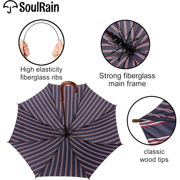 SoulRain Парасолька з класичною дерев'яною ручкою, автоматичне відкривання, вітростійка, прозора, незламна, 121.9 см, смугастий колір