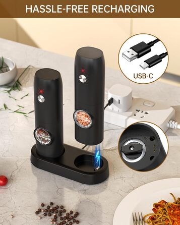 Електричні соляні та перечні млини CIRCLE JOY 2 шт. з зарядною станцією, світлодіодне підсвічування, регулювання помелу, чорний (70мл)