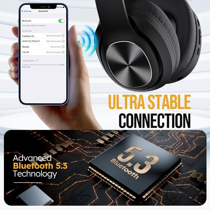 Bluetooth навушники TuneFlux Over Ear: 80 годин роботи, 3 режими EQ, HiFi Stereo, мікрофон, чорний