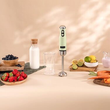 Блендер Cecotec Stabmixer Power RetroGreen 1200MAX Cream&Crush: 1200 Вт, CrossBlades, 2 швидкості, набір аксесуарів, кришка від бризок