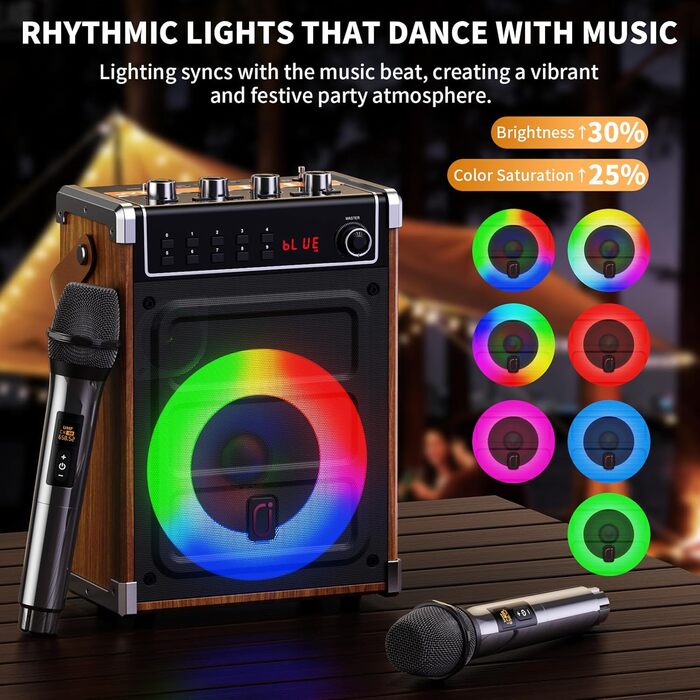 Караоке-машина JYX з 2 UHF-мікрофонами, Bluetooth, LED-підсвічуванням та підтримкою PA-системи, AUX, FM, Rec - (Бронза)