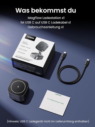 UGREEN MagFlow 2-в-1: Бездротовий зарядний пристрій MagSafe для iPhone 17/17 Air/16 Pro/16/15/14/13/12, AirPods. Складний стенд з кабелем 1м