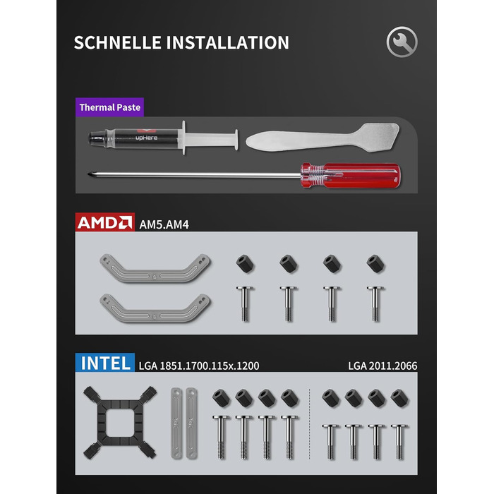 upHere UE2 Elite KC8C: Потужний кулер CPU з ARGB підсвічуванням (120мм, 8 heatpipes, 280W) для AM5/AM4/AM3, Intel 1851/1700/115x/1200