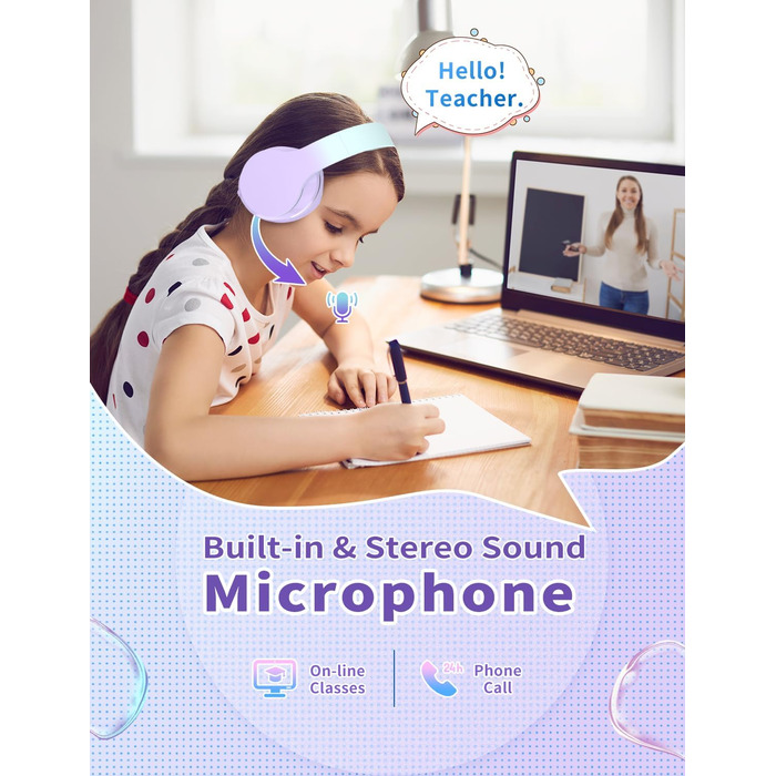 Xunpuls Бездротові навушники для дітей Bluetooth Over-Ear з мікрофоном (фіолетові)