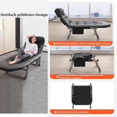 Розкладне ліжко-крісло для кемпінгу та відпочинку: ліжко-крісло, карпове ліжко, гостьове ліжко (чорне)