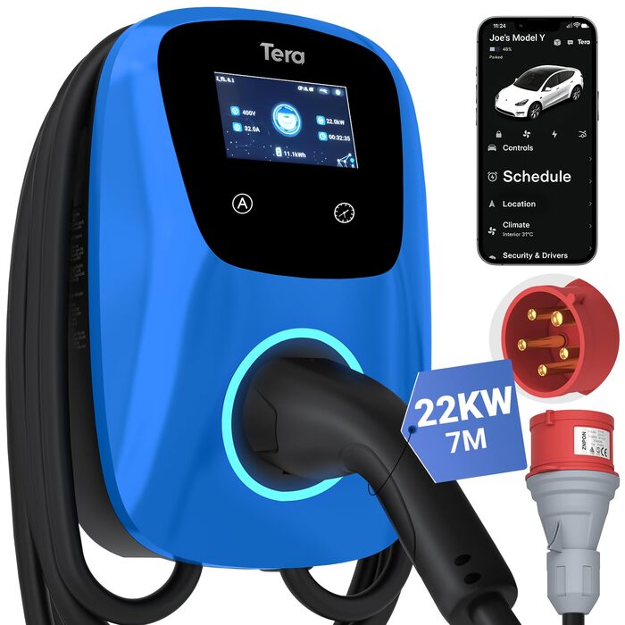 Володіння Tera EV: Смарт-зарядка 22kW/11kW для електромобілів з App-керуванням, 400V, CE & TÜV, Wallbox, 7м кабель, CEE 3-фазний роз'єм, підходить для всіх EV та PHEV