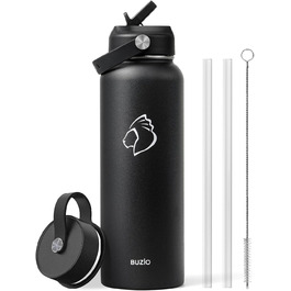 Insulated water bottle, 2 l, stainless steel, with straw lid and Flexseal closure, keeps cold for 48 hours, hot for 24 hours, double-walled, wide opening, BPA-free, leak-proof, (1180 ml, Black)