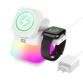 Бездротова зарядна станція 3-в-1 Minthouz Leap Cube 15E, швидка зарядка Qi 15Вт з багатокольоровою підсвіткою для iPhone 16, 15, 14, 13