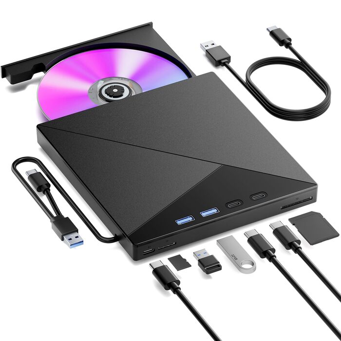 Зовнішній CD/DVD привід та записувач USB-C & USB-A з картридером TF/SD для ноутбука, Windows, Mac OS, Linux