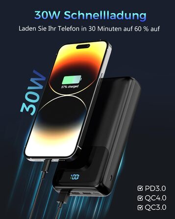 Power Bank 50000mAh з LED дисплеєм, 30W швидка зарядка, USB-C, 4 виходи та 2 входи - для iPhone, Android та планшетів