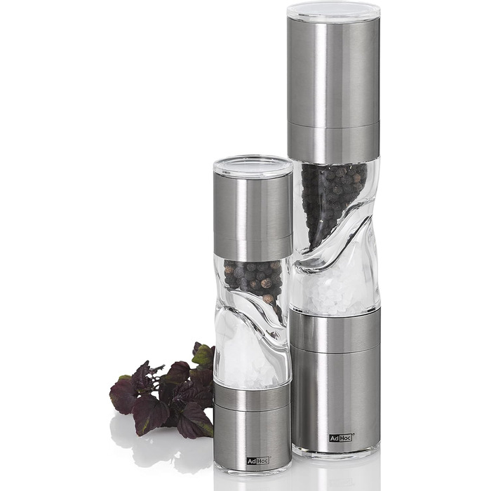AdHoc DUOMILL PURE MP900 комбінована млинниця для солі та перцю, нержавіюча сталь та акрил, керамічні жорна, подвійна млинниця з ароматозахистом, подарункова упаковка, срібляста