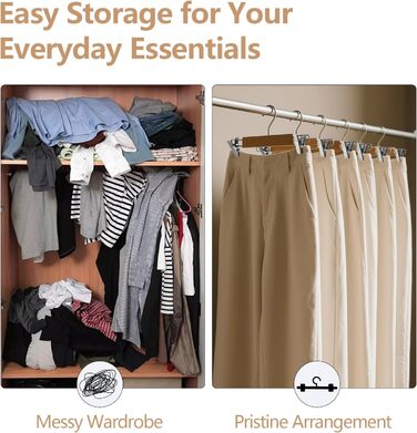 10 дерев'яних вішалок для одягу 35 см, міцні вішалки для штанів, з поворотним гачком 360°, металеві вішалки для одягу, економія місця, з антиковзними кліпсами для штанів, шкарпеток, спідниць (колір дерева)