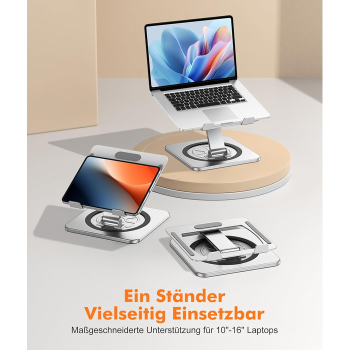 Підставка для ноутбука з поворотним столом 360°, регульована, алюміній, ергономічна, з вентилятором, складна, для MacBook Air/Pro (10-16')