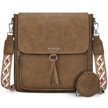 Сумка жіноча RAINSMORE середнього розміру через плече, крос-боді, екошкіра, з широким ременем (Кава)