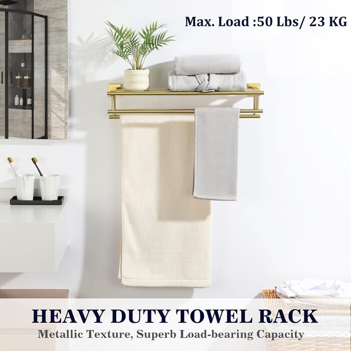 Тримач для рушників SAYAYO на стіну, з полицею, з нержавіючої сталі, 60 см (золотий)