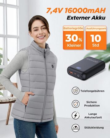 Жіночі гріючі штани Heizwete з акумулятором 16000mAh 7,4V - 9 гріючих зон, 3 режими температури, для активного відпочинку та роботи на відкритому повітрі, білий (сірий, XL)