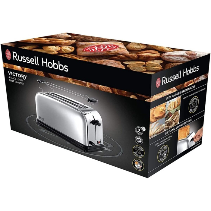 Тостер Russell Hobbs Victory на 4 тости, нержавіюча сталь, широкі відсіки, підставка для булочок, 6 режимів підсмажування, розморожування та підігрів, модель 23520-56