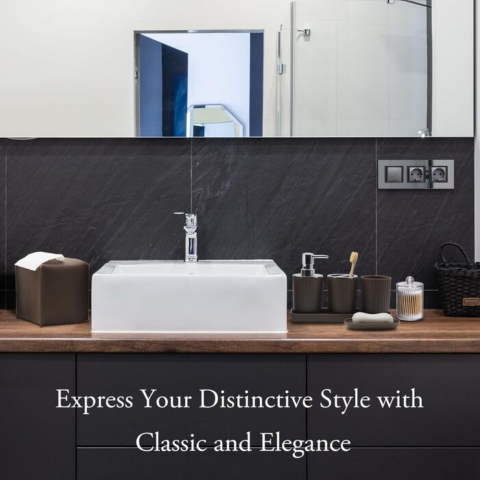 Комплект аксесуарів для ванної кімнати, 10 предметів: коричневий набір з відром, тримачем для зубних щіток, мильничкою, дозатором мила, тримачем для унітазного йоржика, контейнером для ватних паличок та кришкою для серветок