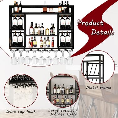 Настінна вітрина для вина з тримачем для келихів, 3-ярусна, металева вітрина в стилі рустік для напоїв, для домашнього бару, зберігання вина на кухні (Чорний, 100см)