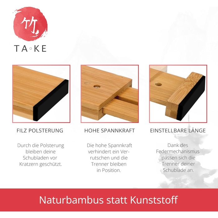 TAKE® Adjustable Drawer Dividers, 4 Pack [42-56cm] | Drawer Organizers, 100% Natural Bamboo | Flexible Drawer Divider System | Drawer Organization System for Kitchen | Drawer Organizer