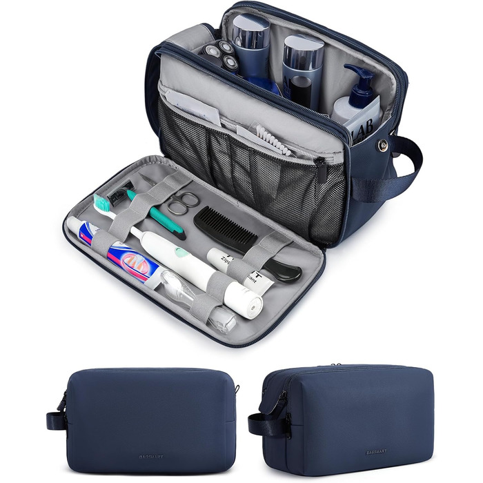 Чоловіча дорожня косметичка BAGSART з подвійним замком, об'єм 5л, темно-сіра (з синьою шкіряною фольгою)
