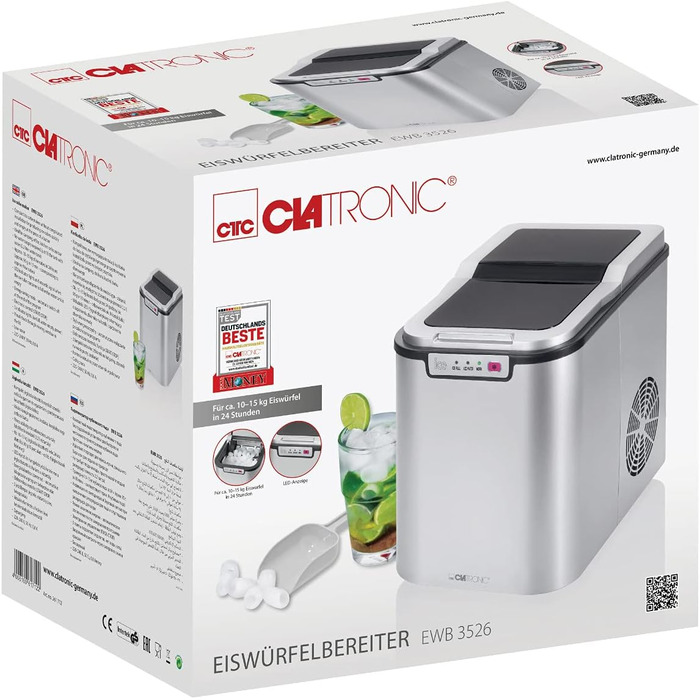 Машина для приготування льоду Clatronic EWB 3785 Inox | Швидке приготування льоду за 10 хвилин | Самоочищення | 12 кг/24 години | 1,5 л резервуар для води