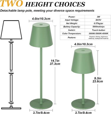Набір з 2 бездротових настільних ламп LED з акумулятором, сенсорне регулювання яскравості, 3 режими кольору, USB-C зарядка для спальні, столу, кемпінгу (Чорний)