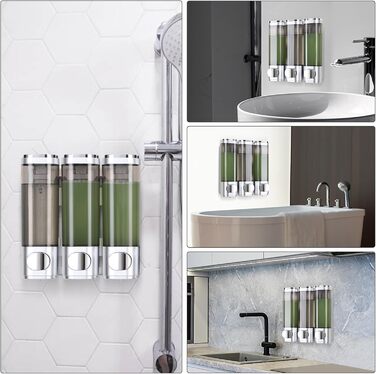 Wall-Mounted Soap Dispenser, Shampoo & Body Wash Dispenser, 3-Piece Soap Dispenser No Drilling Required, Even Liquid Dispensing, Leak-Proof Suitable for Shampoo, Body Wash, Liquid Soap, Conditioner. (Silver)