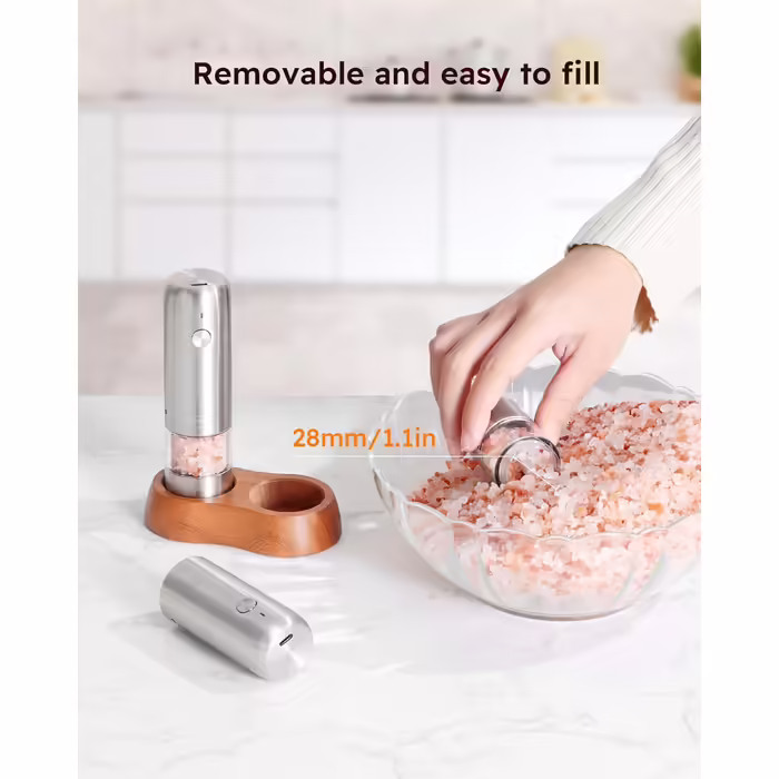Sangcon Mini Electric Salt and Pepper Grinder Set with Wooden Base, Portable USB Rechargeable Kids' Pepper Grinder, 5 Strengths Adjustable Small Automatic Salt and Pepper Grinder Grinding Mechanism Stainless Steel