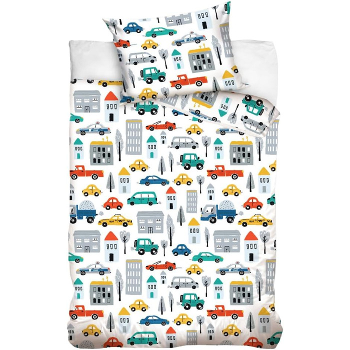 Комплект постільної білизни для дитячого ліжечка 100x135 з 100% бавовни - постільна білизна для дітей та малюків. Сонячний дизайн, стиль бохо, для дівчаток та хлопчиків, 40x60 + 100x135 (з принтом машини)