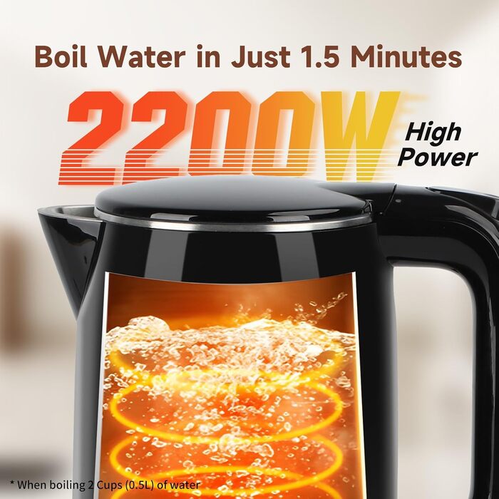 Електричний чайник Aigostar з нержавіючої сталі, чорний, 1.7 л, 2200 Вт - Швидкий кип'ятіння, подвійні стінки, без пластику, індикатор рівня води, автовимкнення, BPA-free, для кухні та офісу