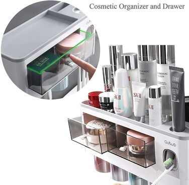 Automatic Toothpaste Dispenser Wall-Mounted with Space-Saving Toothbrush Holder for Bathroom, 2 Transparent Magnetic Cups, 6 Toothbrush Slots, 1 Cosmetic Organizer Drawer (Gray-4 Cups)