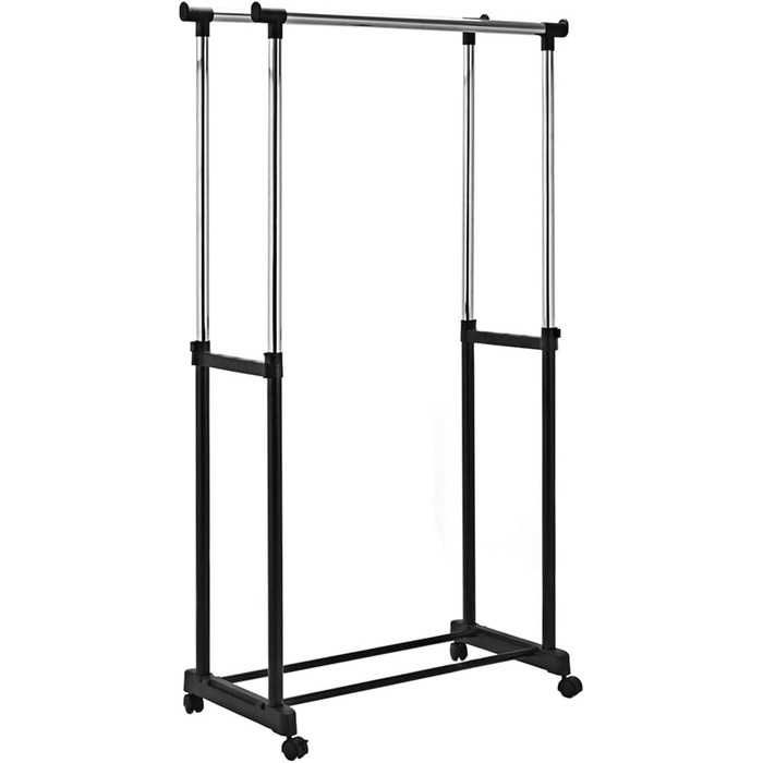 COSTWAY Clothes Rack with 2 Height-Adjustable Clothes Rods, Coat Rack on Wheels, Rolling Wardrobe, Clothes Cart, Stable Clothes Rack, 86 x 43 x 94-168cm, Black