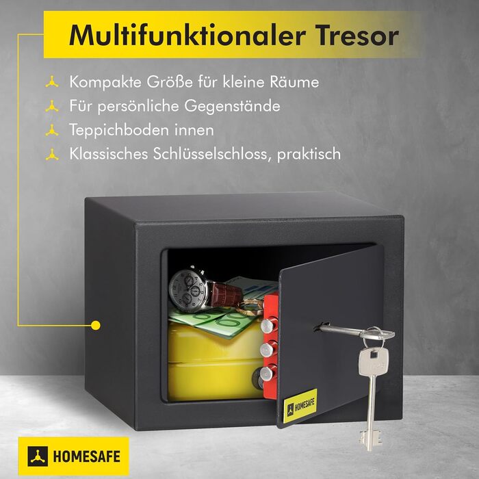 Сейф Homesafe HV15K з ключовим замком, металевий, 15x20x17 см, колір Carbon Satin Schwarz