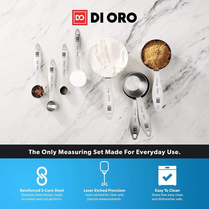 Набір мірних ложок DI ORO® з нержавіючої сталі - зручні для зчитування мірок - для сухих та рідких інгредієнтів - відмінні кухонні аксесуари для приготування та випічки - придатні для миття в посудомийній машині (набір мірних склянок та ложок)