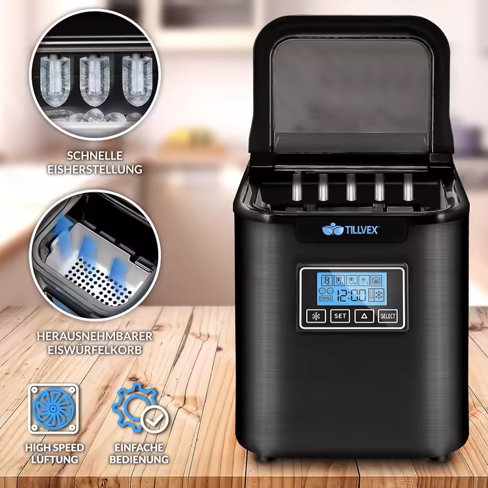 tillvex Ice Maker Stainless Steel 12 kg - 24 h | Ice Cube Maker with Timer and 2.2 Liter Water Tank | Ice-Maker LCD Display & Self-Cleaning Function | 3 Ice Cube Sizes (Black)