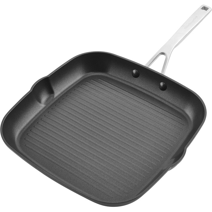 KitchenAid Grill Pan/Griddle with Spout, Hard Anodized, Non-Stick Coated, Square, 29 cm, Matte Black Grill Pan (28.6 cm)