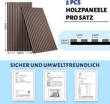 Акустичні панелі AKK-STAR з дерева (набір 2 шт), 1200x600x18 мм, 1.44 м² — 3D стінові панелі для шумоізоляції та декору вітальні та офісу, колір чорний горіх