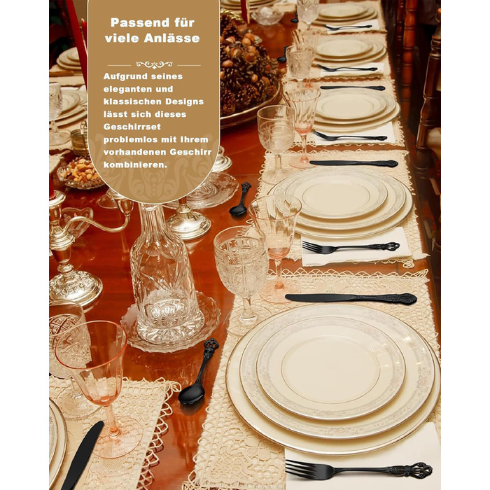 Набір столових приборів Retro на 6 осіб, 24 предмети, нержавіюча сталь, чорний, антикварний бароковий стиль