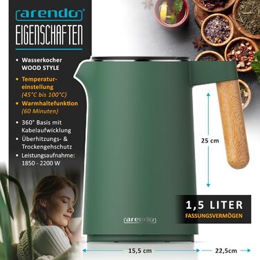 Електричний чайник Arendo з регулюванням температури (45°C-100°C), 1.5 л, з подвійними стінками, без BPA, з функцією підтримання тепла, зелений